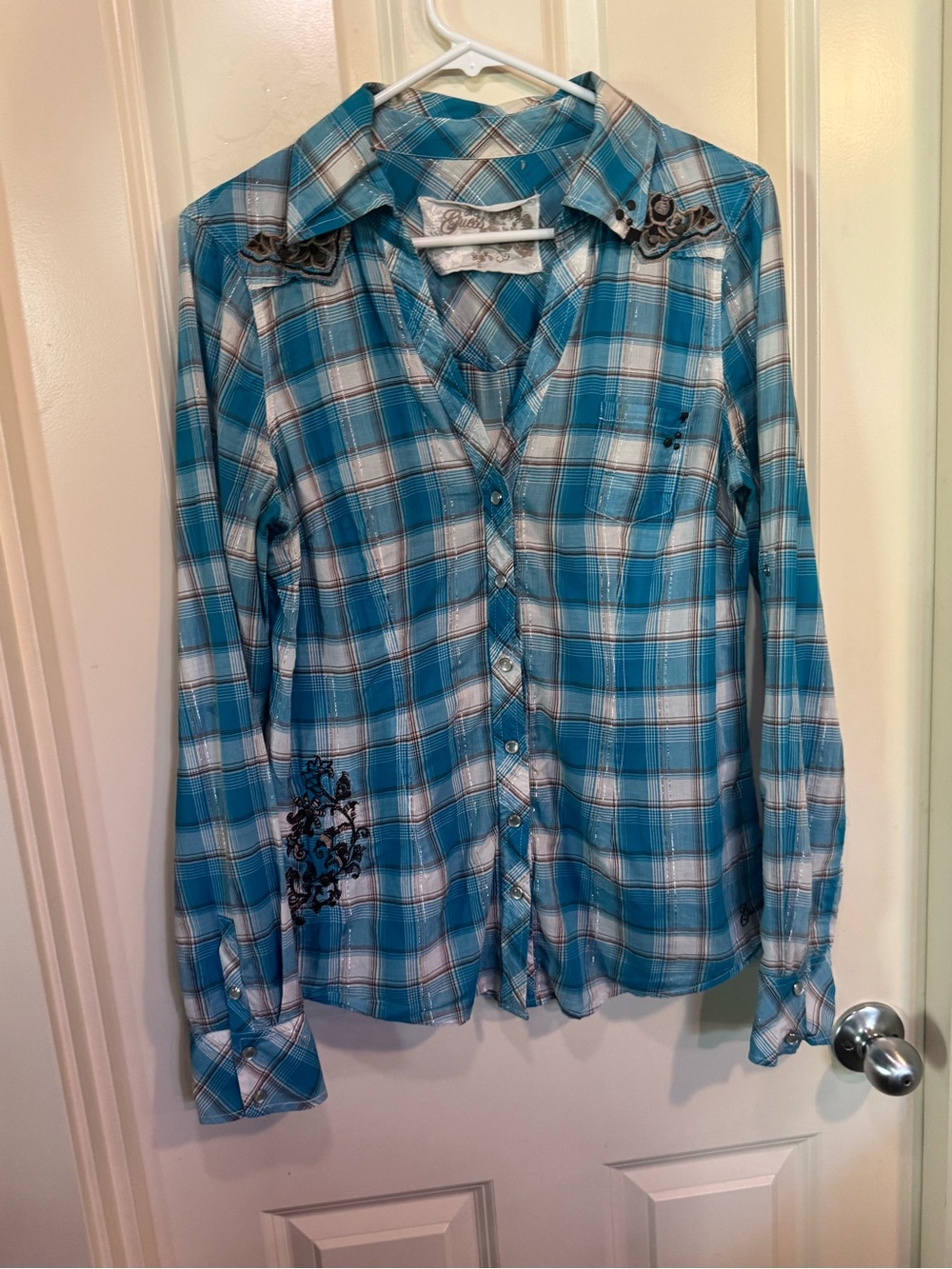 Guess Teal Plaid Button-Up Shirt - Embroidered Detail